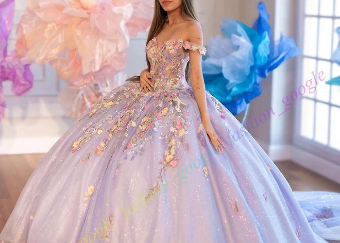 Fiestas de la Virgen de Luz Vestido De Quinceañera Floral En 3D, Tul Con Purpurina Brillante ... photo